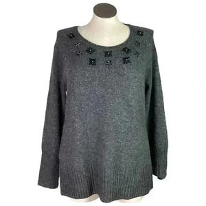 Lane Bryant Women 18 20 Beaded Floral Sweater Gray Black Long Sleeve Wool Blend
